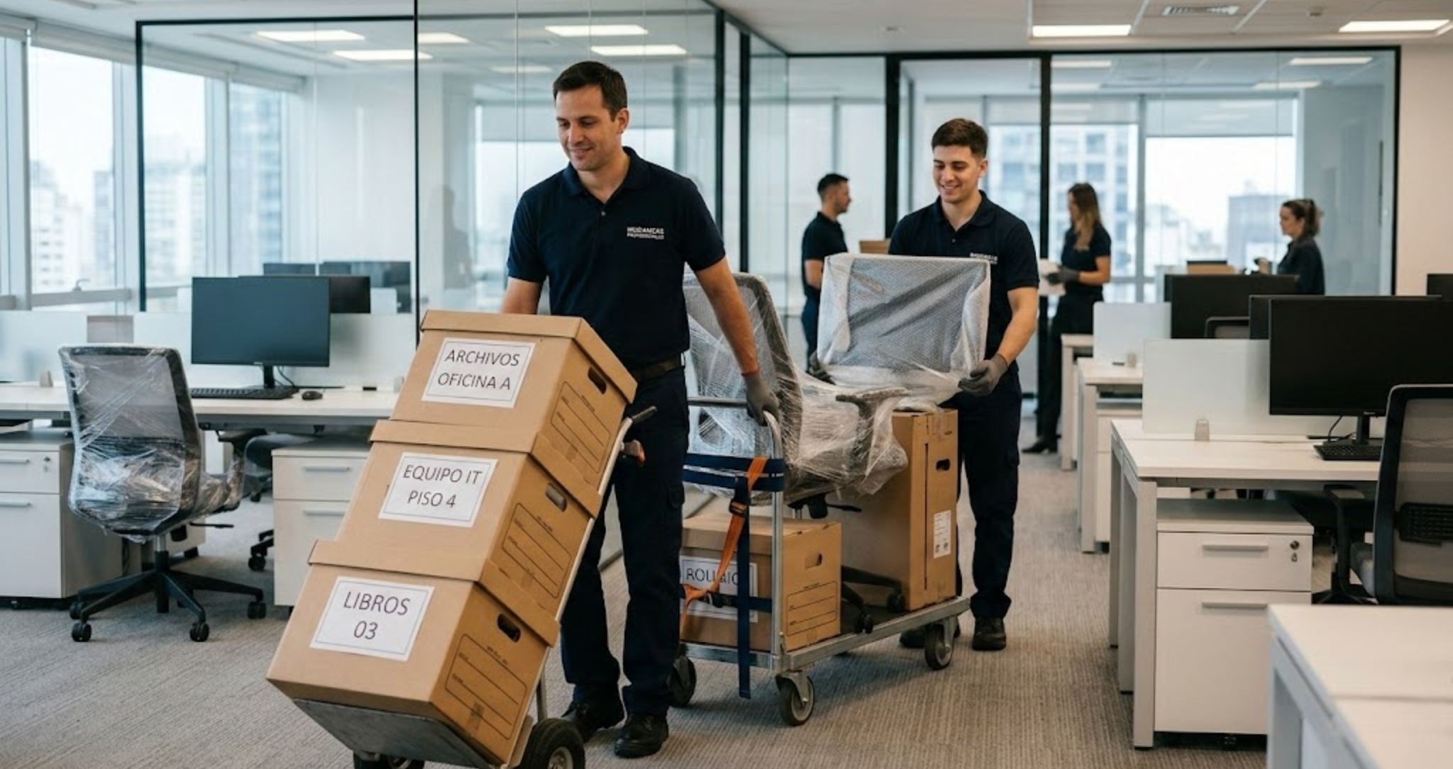 Traslado de oficinas con cajas y equipamiento